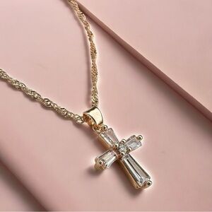 NEW Rose Goldtone Crystal CZ Cross Pendant Necklace w/ Twisted Singapore Chain